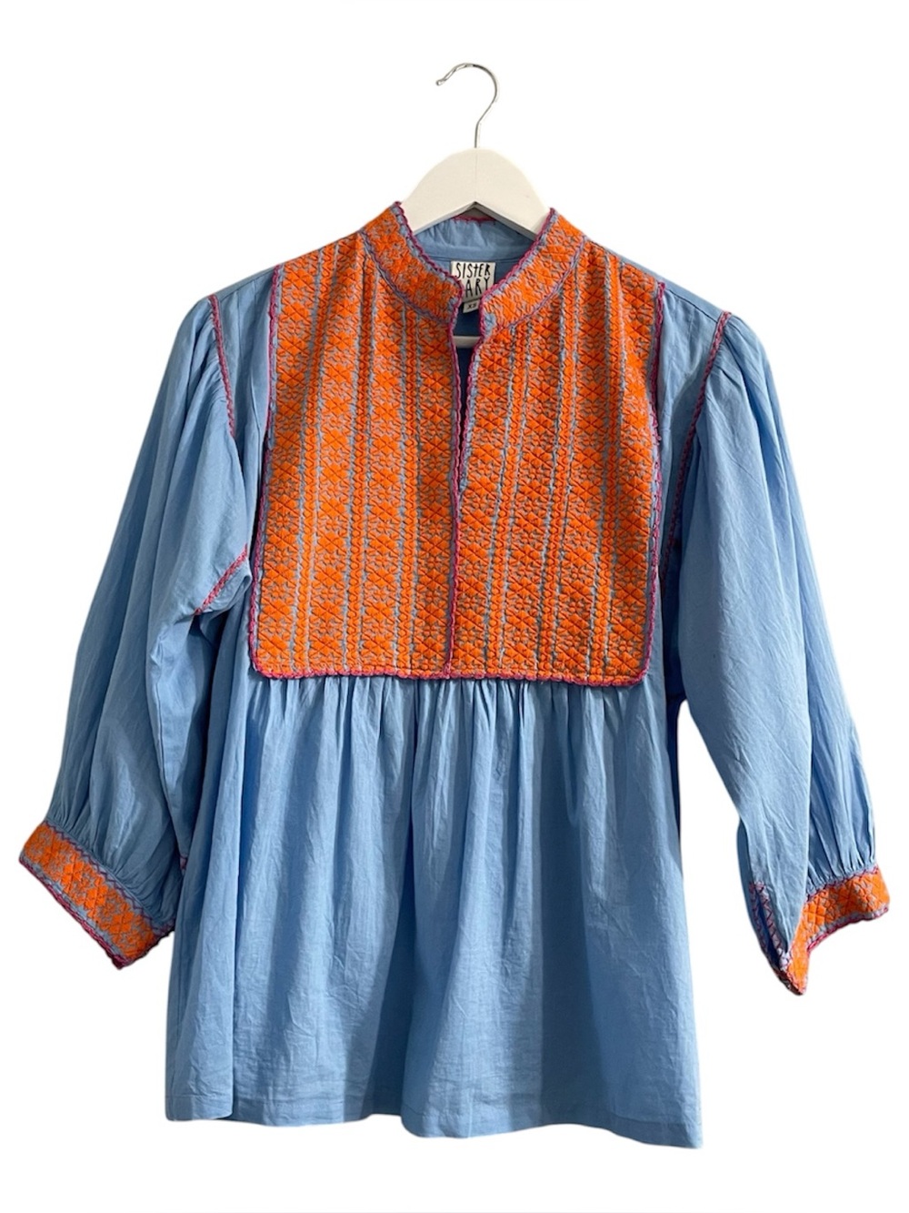 Sister Jane Blue Blouse with Orange Embroidered Yoke boho peasant size XS